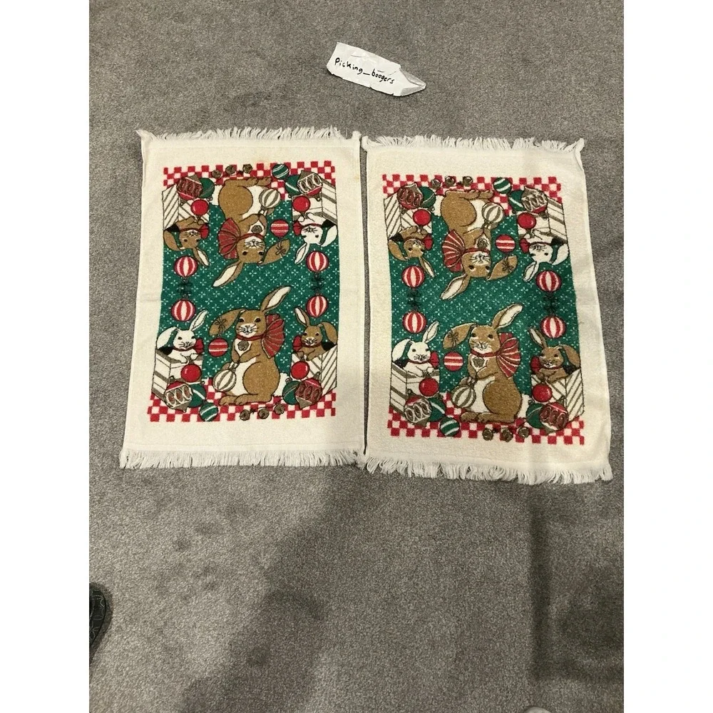 2 Vintage Christmas Bunnies / Ornaments Kitchen Terry Towel /Fringe Made in USA